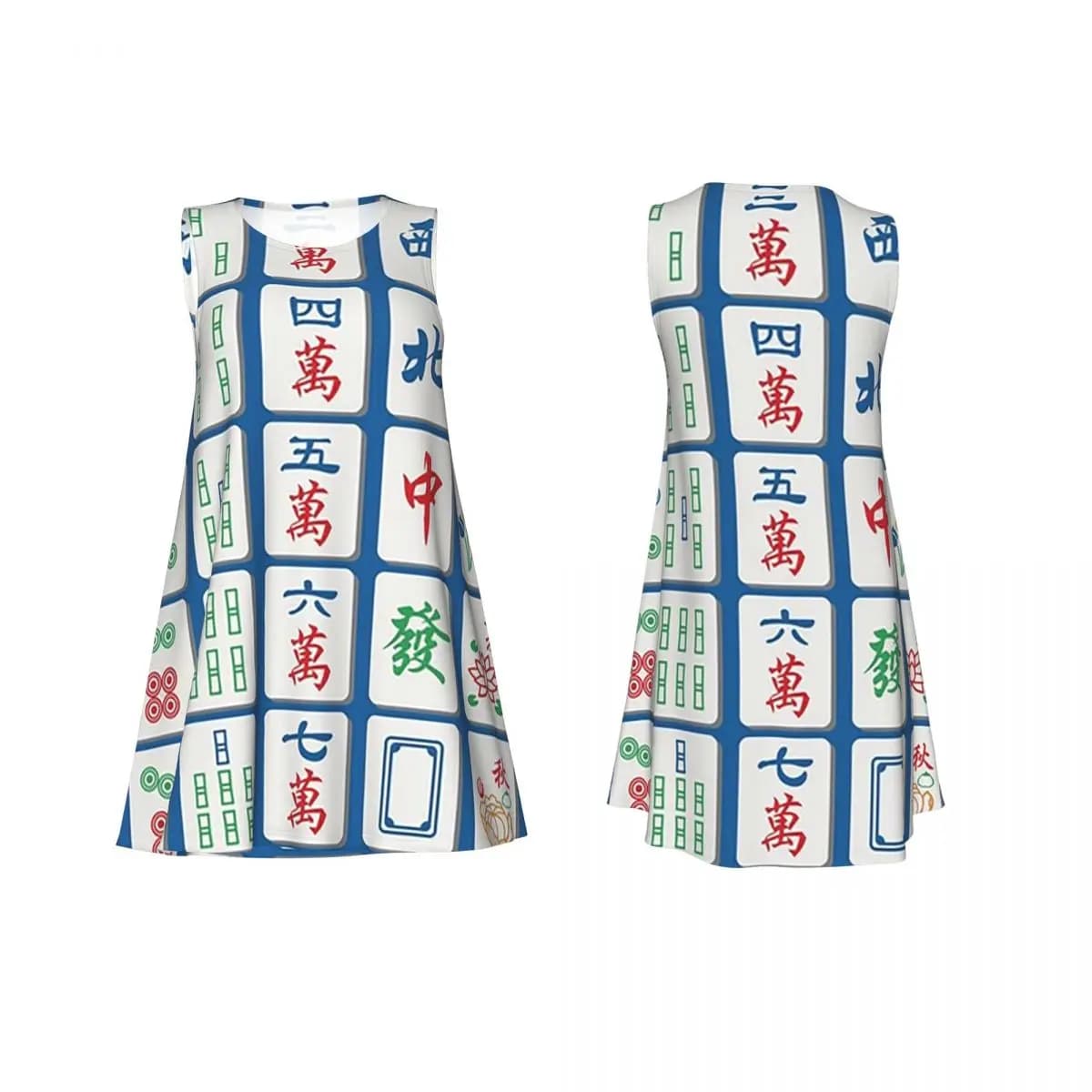 Abito estivo da donna a maniche corte con stampa Mahjong su sfondo blu, casual, senza maniche, girocollo, vestito ampio, stile street.