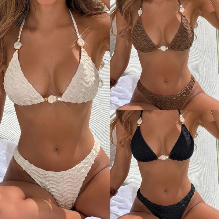 2026 Europe and America new special beaded texture sexy lace split swimsuit bikini cross-border bikini
