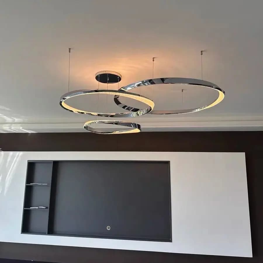 Lampada a sospensione rotante per soggiorno, sala da pranzo, camera da letto, moderna luce ad anello in argento, illuminazione per interni a LED