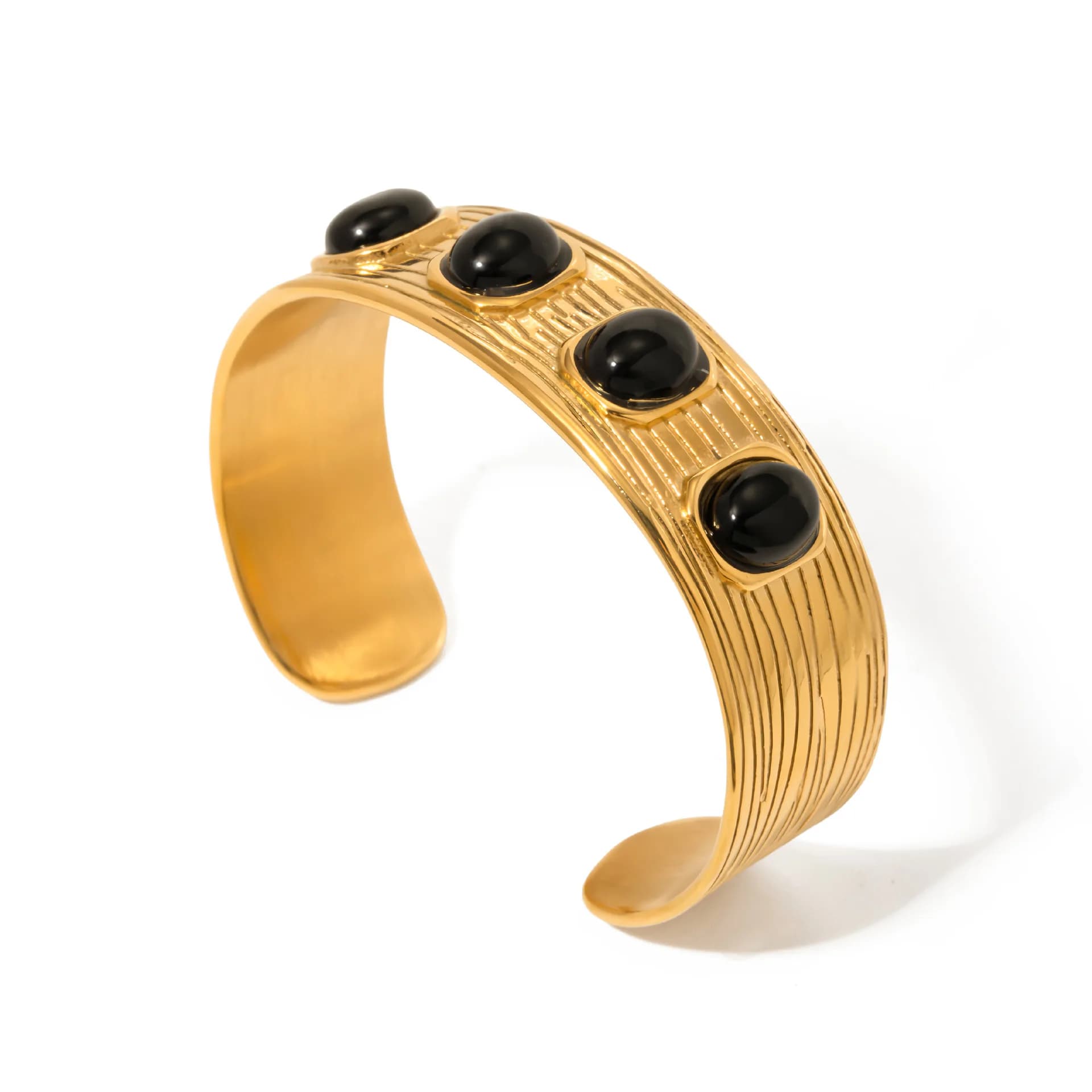 Bracciale largo in acciaio inossidabile PVD placcato oro 18 carati con perline nere impermeabili per gioielli da donna all'ingrosso alla moda