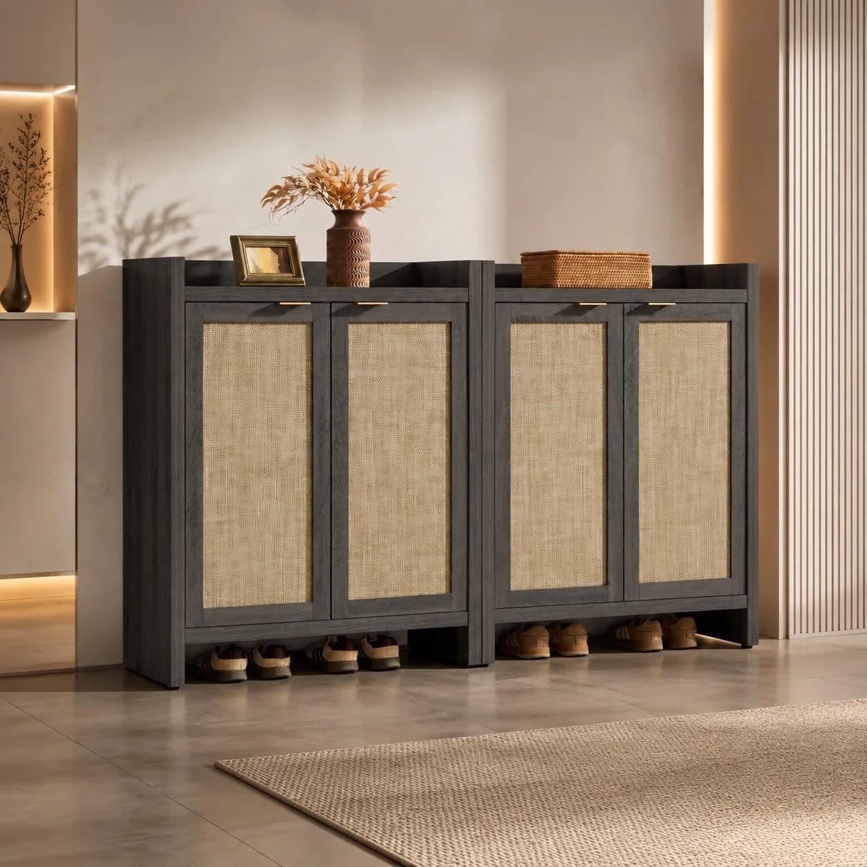 Shoe Cabinet Set of 2 Large Capacity Shoe Storage Organizer Cabinet | Tall Rattan Shoe Cabinet with Doors and Shelves