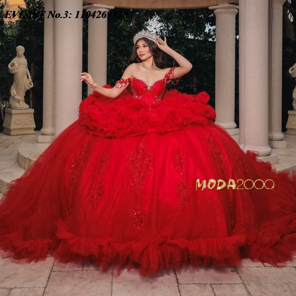 EVLAST Personalizzato 2025 Rosso Abito Quinceanera Abito di Sfera Applique di Pizzo Che Borda A File Corsetto Dolce 16 Abiti Da 15 Anos E3Q647