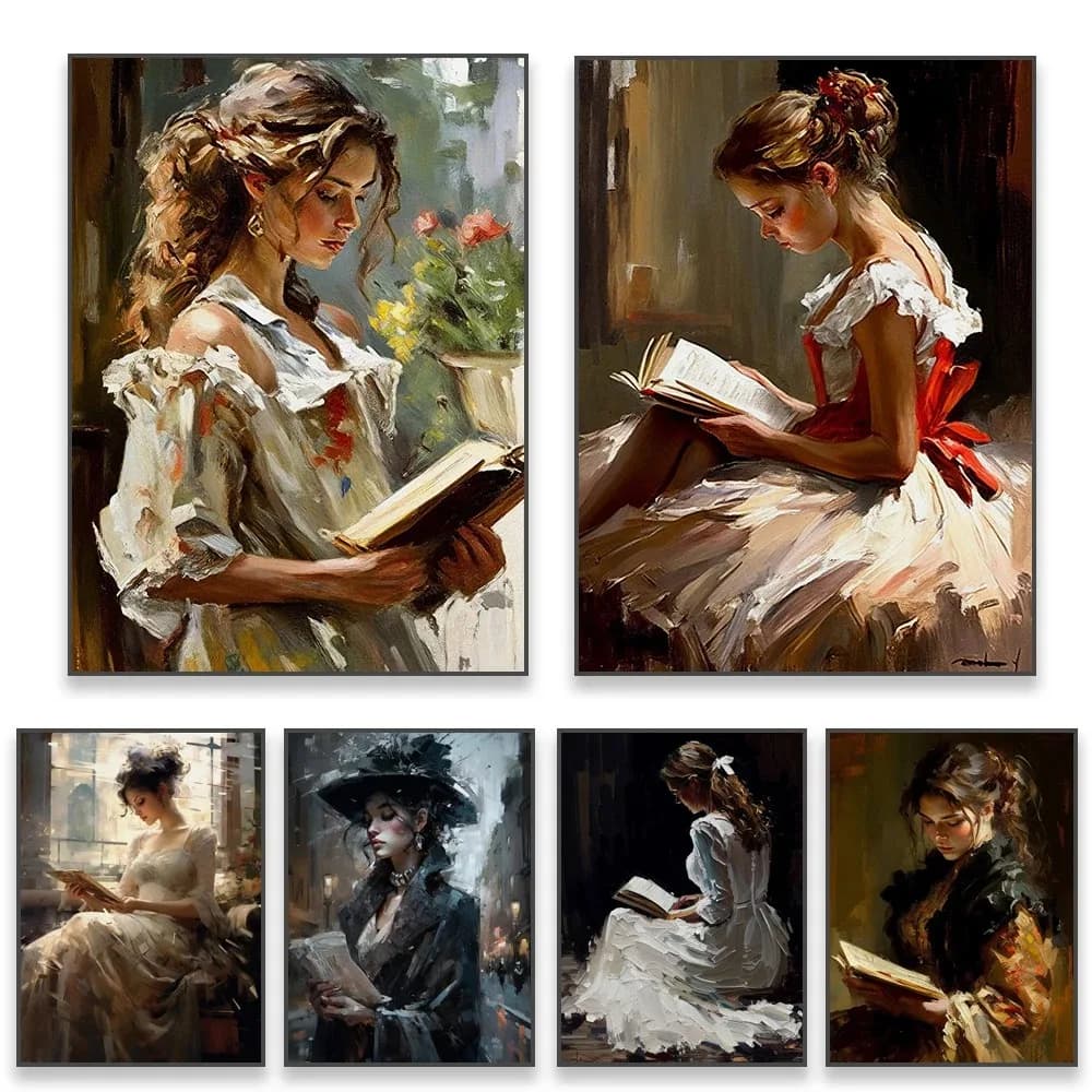 Woman Reading Art Oil Painting Diamond Prints Retro Lady Girl Portrait Prints Poster Reading Room Diamond Painting Bedroom Dec