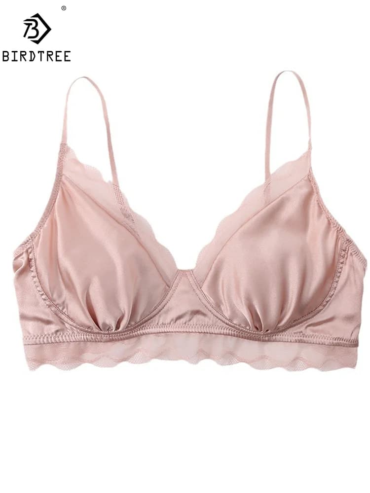 BirdTree, Reggiseni Eleganti con Coppe in 93% Vera Seta, Reggiseni da Donna con Anello in Acciaio e Pizzo, Intimo Sexy Francese con Schiena Scoperta, Autunno 2026 P48011QM