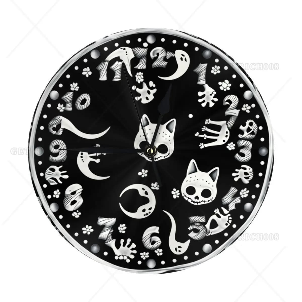 Gothic wall clock with Halloween cat skull Battery powered wall clock Silent 9.84 inch ticking for living room, kitchen