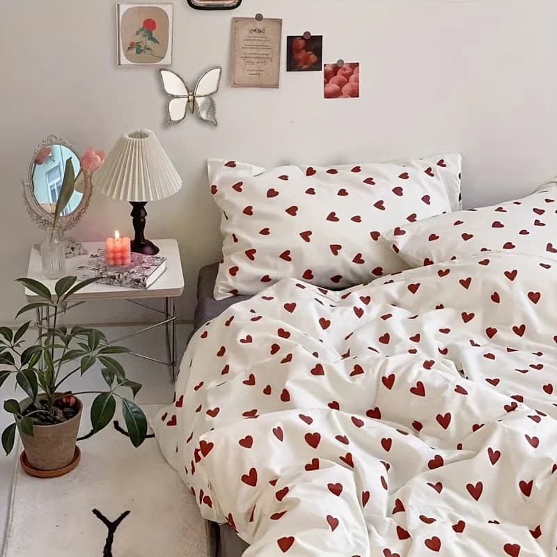 Set biancheria da letto 3/4 pezzi in puro cotone con stampa amore, include 2 federe, copripiumino e piumino, combinazione di set letto carino