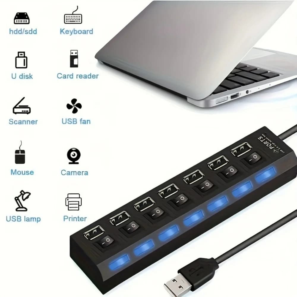 Hub USB 3.0 a 4/7 Porte, Splitter USB Multiplo con Interruttore e Adattatore di Alimentazione per PC, Laptop, Accessori per Computer, Compatibile con USB 2.0