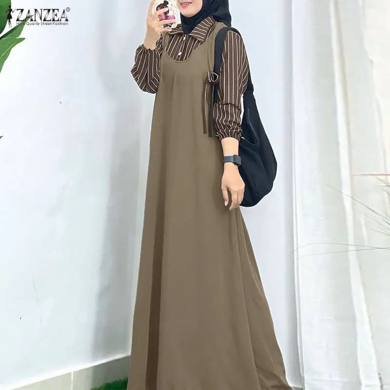 ZANZEA Ramadan Muslim Abaya Dress Women Stirped Patchwork Robe Maxi Long Dress Casual Full Sleeve Loose Dubai Sundress Kaftan