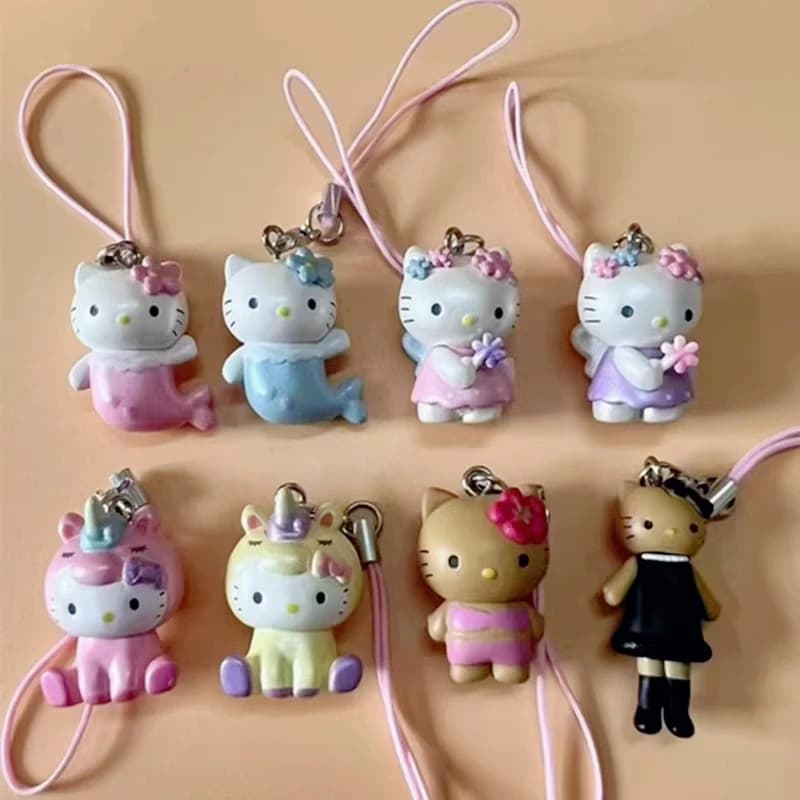 Figura anime Hello Kitty Gambe lunghe scavate nere Unicorno Sirena Kt Collezione di gatti Portachiavi con ciondolo Scatola cieca Giocattoli Regali per bambini