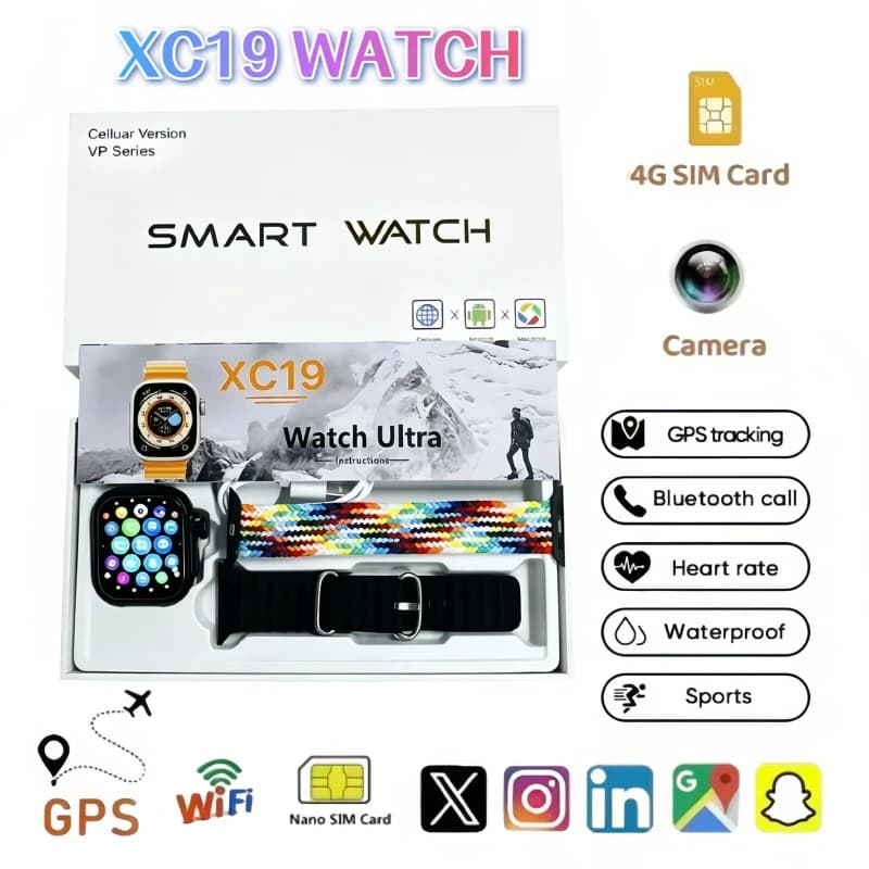 XC19 New Men's Women's Smart Watch 5G LTE Android Smart Watch With Rotating Camera GPS WIFI Compass Play Store Sim Card Slot