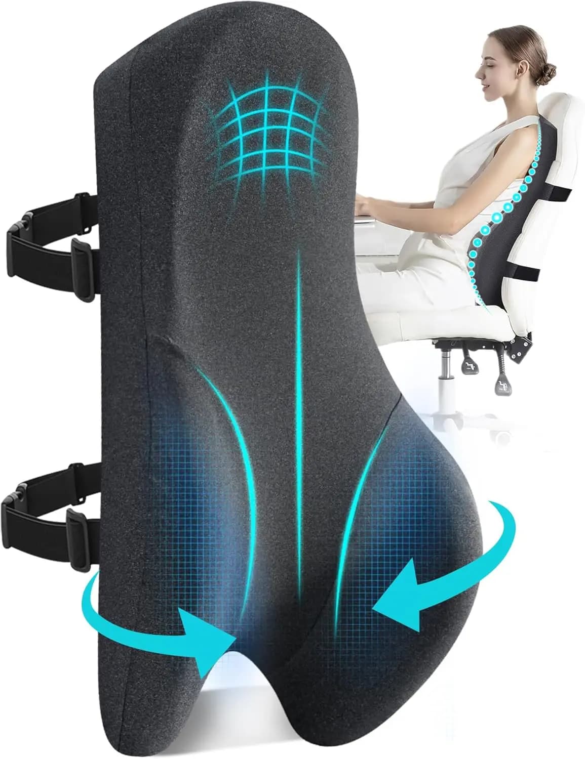 Cuscino Lombare in Memory Foam per Sedie da Ufficio e Gaming, con Cinghie Regolabili per Alleviare il Dolore Posturale