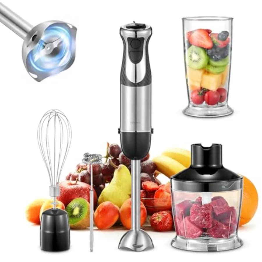 Frullatore a Immersione 5-in-1 da 1000W con Motore in Rame, Lame in Acciaio Inossidabile, Frusta per Alimenti e Montalatte