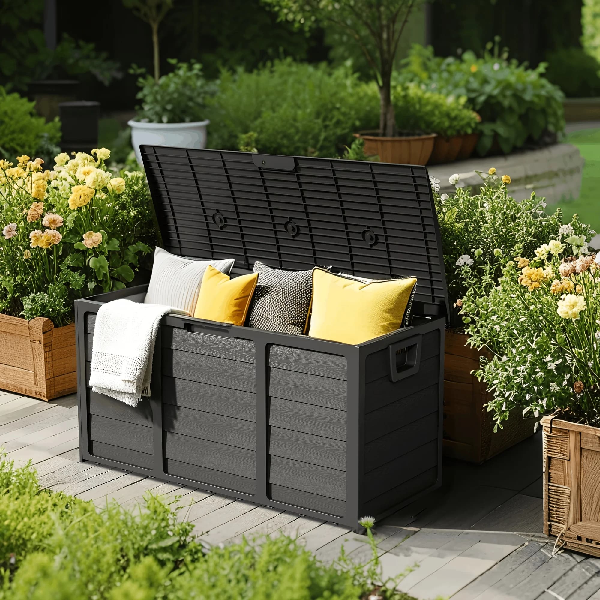 Contenitore per Stoccaggio in Resina Resistente alle Intemperie, 75 Galloni, Box da Esterno per Arredi da Giardino e Attrezzi, Armadio, Mobiletto, Scaffale per Stoccaggio Esterno