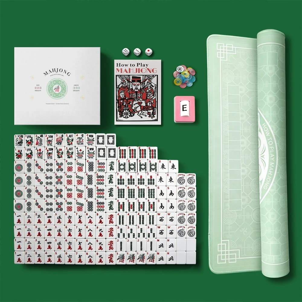 Set Mahjong Americano, 166 Tessere Bianche con Borsa Rossa e Accessori, 4 Supporti per Tessere con Spintori, Mahjong Occidentale