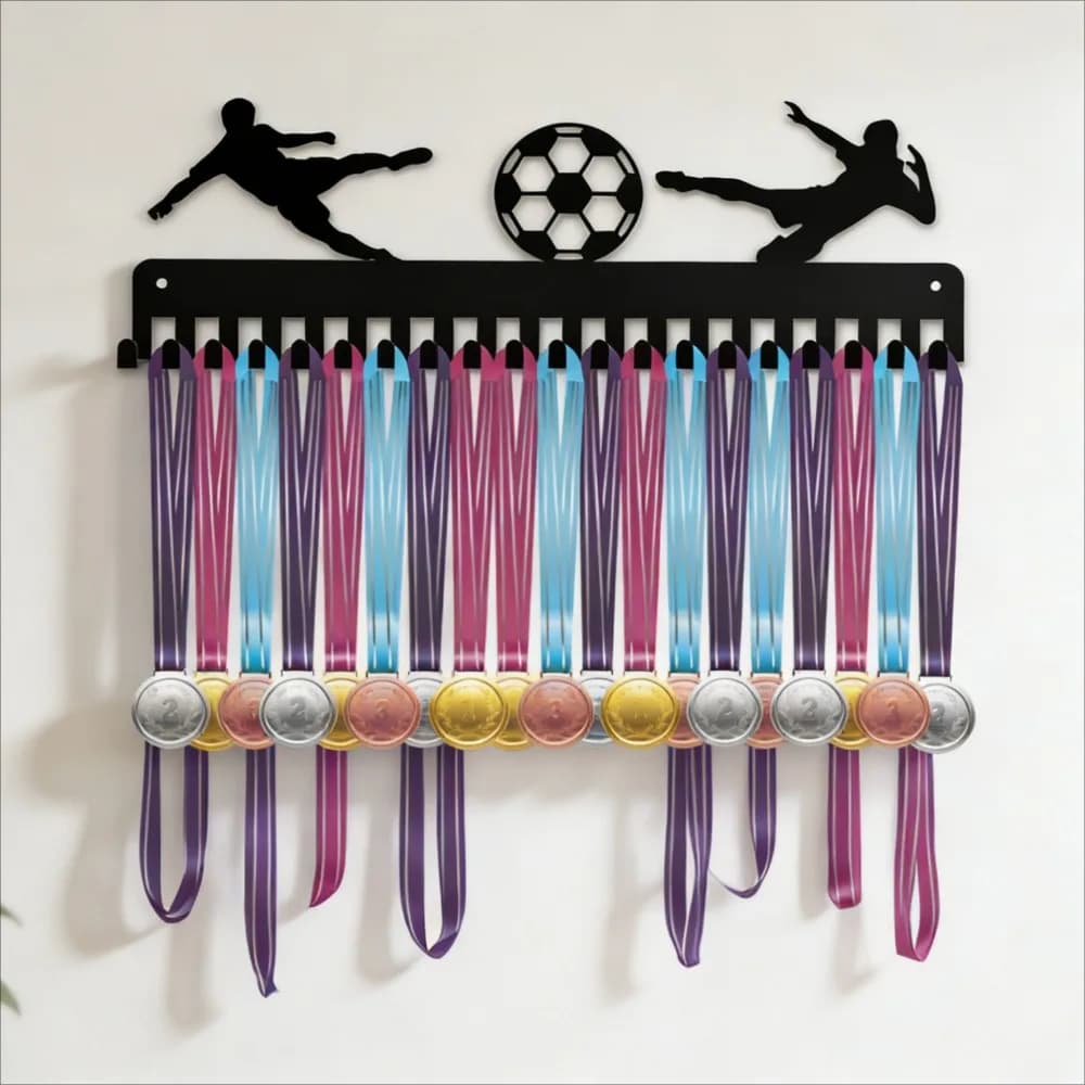 Sports Medal Holder Display Rack 20 Hooks Soccer Football Wall Mount 15.7x4.5in Athlete Award Organizer Christmas Halloween Gift