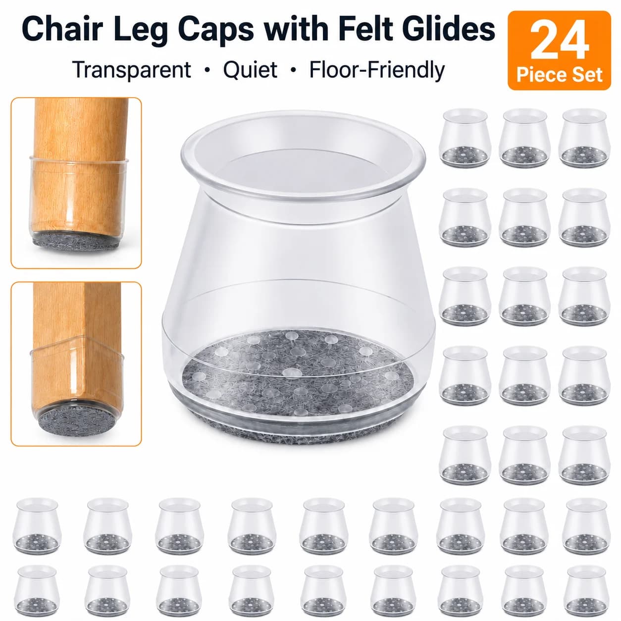 Silicone Chair Leg Protectors 24 PCS, Furniture Floor Protectors with Felt Pads for Hardwood Laminate Tile Floors, Chairs Tables