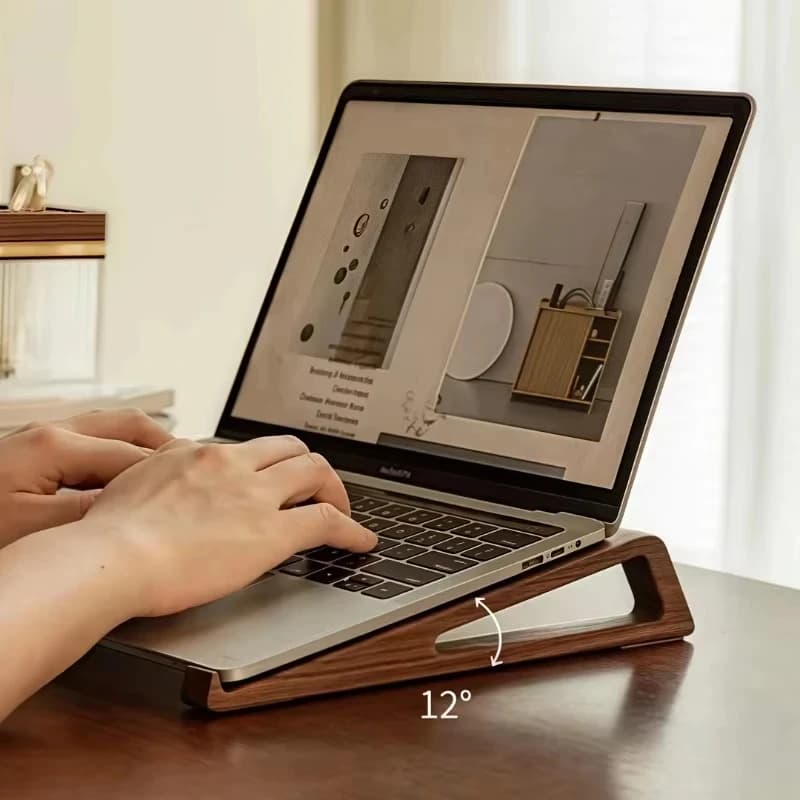 Ergonomic Wooden Laptop Stand, Fixed 12° Angle, Heat Dissipation Triangular Design, Minimalist Office Desk Accessory
