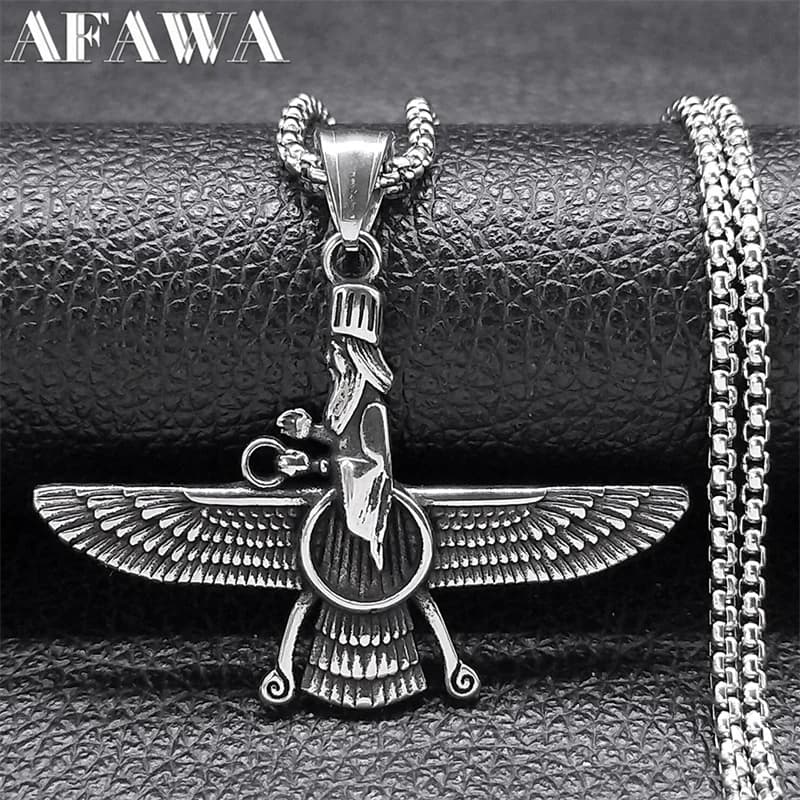 Farvahar Ahura Persia Symbol Zoroastrian Necklace for Women Men Stainless Steel Ancient Amulet Chain Jewelry Collar NZZ420S2