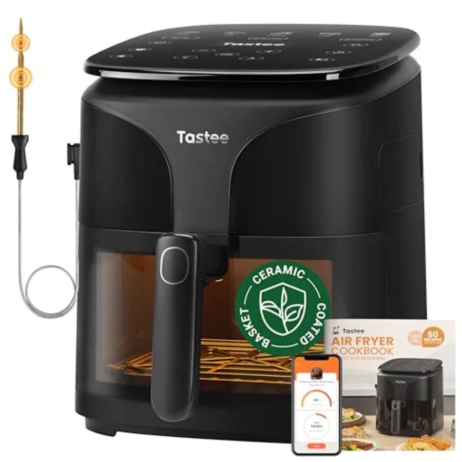 Air Fryer in Ceramic 8-in-1 Compact 5.5QT with Digital Control 450F, Intelligent Probe, 24 Presets, One-Touch Cover, In-app Receiver