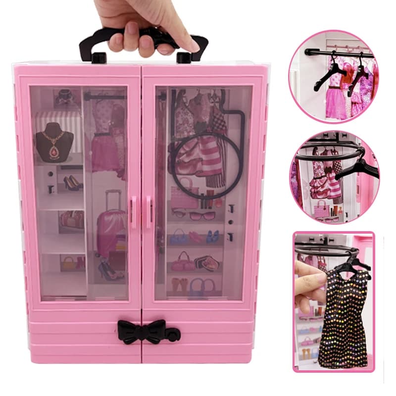 Armadio rosa con 10 grucce Set da gioco Accessori per bambole Giocattoli di moda Scaffale pieghevole Armadio portatile Compleanno Regalo di Natale