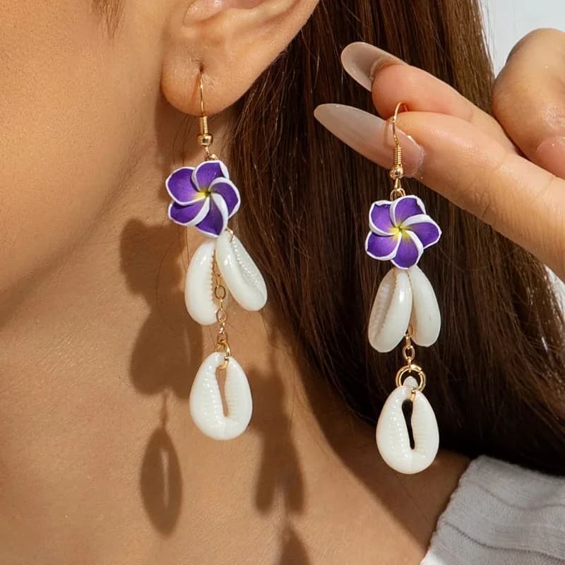 Nuovi Orecchini Trendy Europei e Americani con Fiore di Plumeria in Argilla Polimerica, Orecchini Lunghi a Gancio con Conchiglia per Vacanze al Mare e Uso Quotidiano
