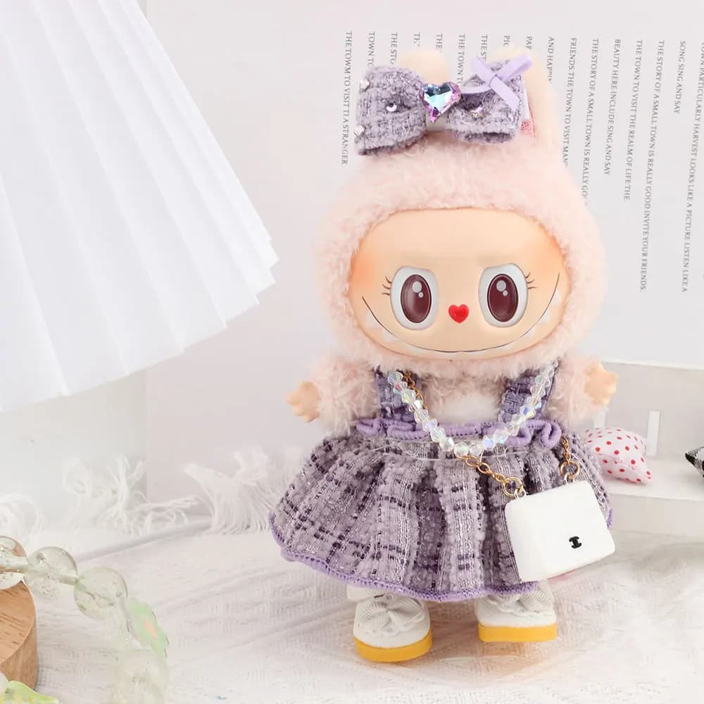 Per Labubu Viola piccolo vestito profumato con forcina, collana di perle e borsa bianca Costumi per bambole 17 cm Abbigliamento Scarpe Bambola fai da te