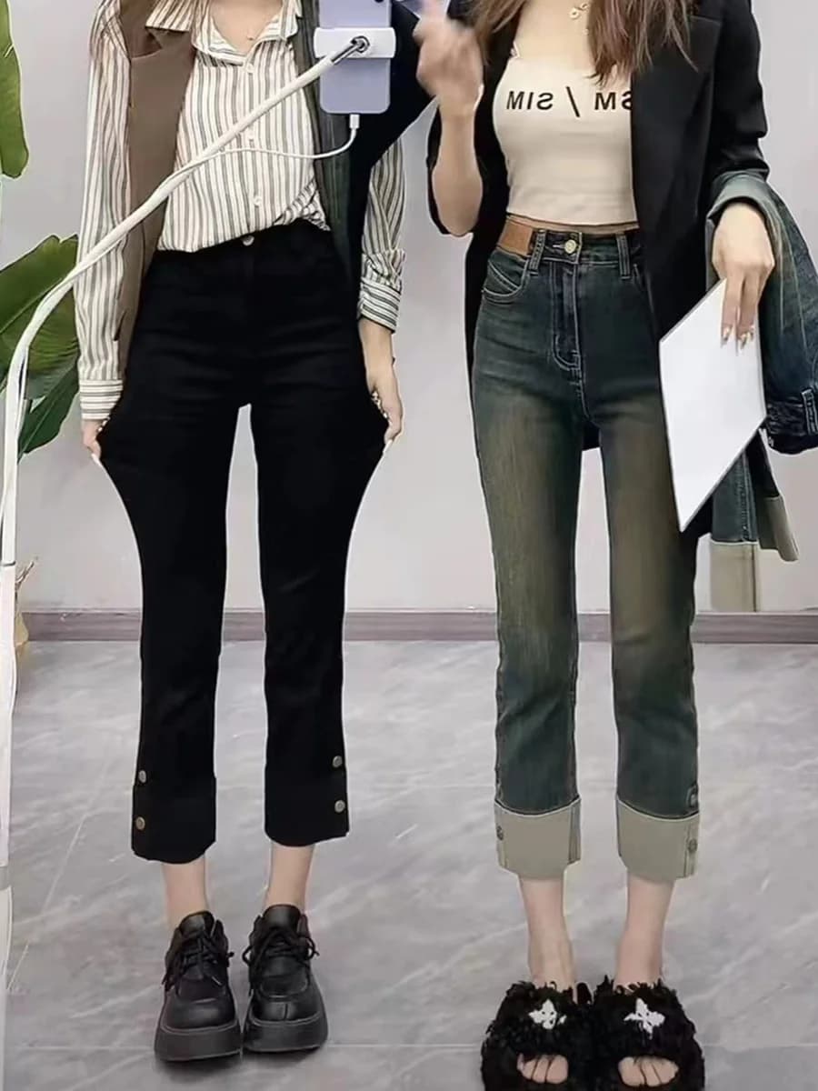 Jeans Elasticizzati a Vita Alta a Tubo Dritto, Taglie Forti da Donna, Modellanti e Slim Fit, Moda Autunno Inverno