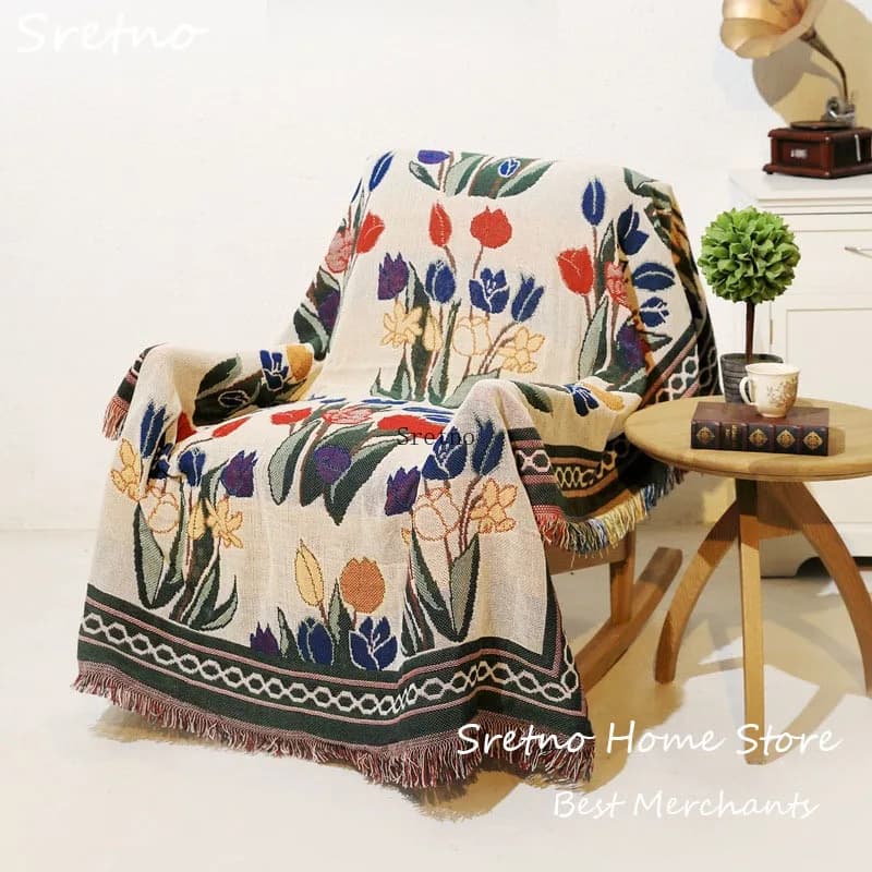 Coperta Floreale Americana Bifacciale, Copridivano Jacquard, Coperta Multifunzionale per Decorazione d'Interni