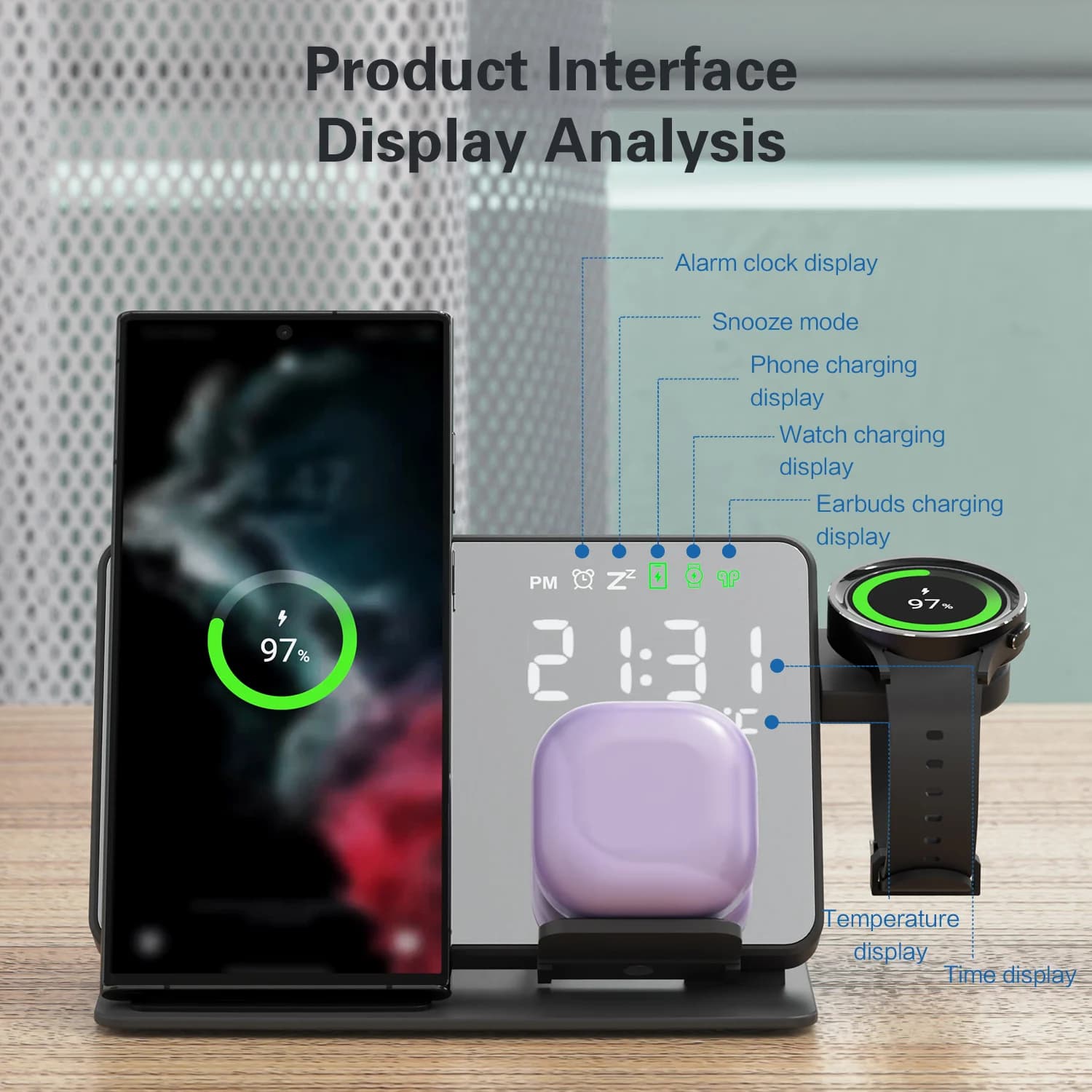 Caricabatterie wireless 4 in 1 per Samsung Galaxy S24 S23 Dock station di ricarica ultra veloce per Galaxy Watch 7 6 5 Buds Sveglia LED