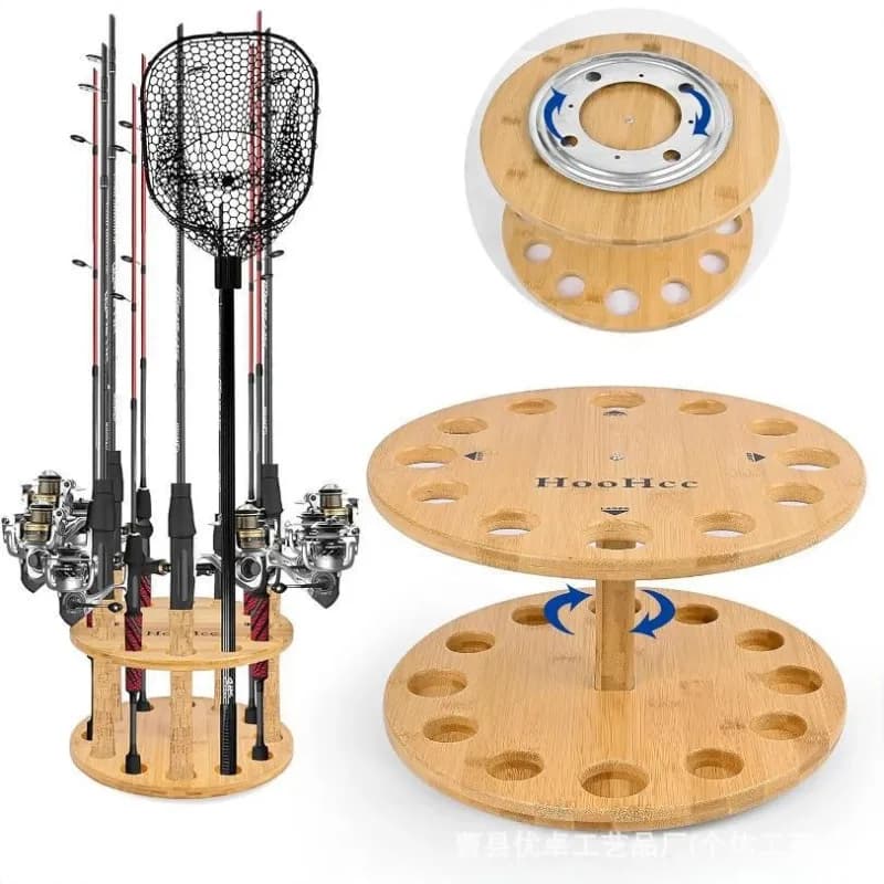 Round Solid Wood Fishing Rod Storage Rack Display Stand Rotating Multi-Pole Holder for Angling Equipment