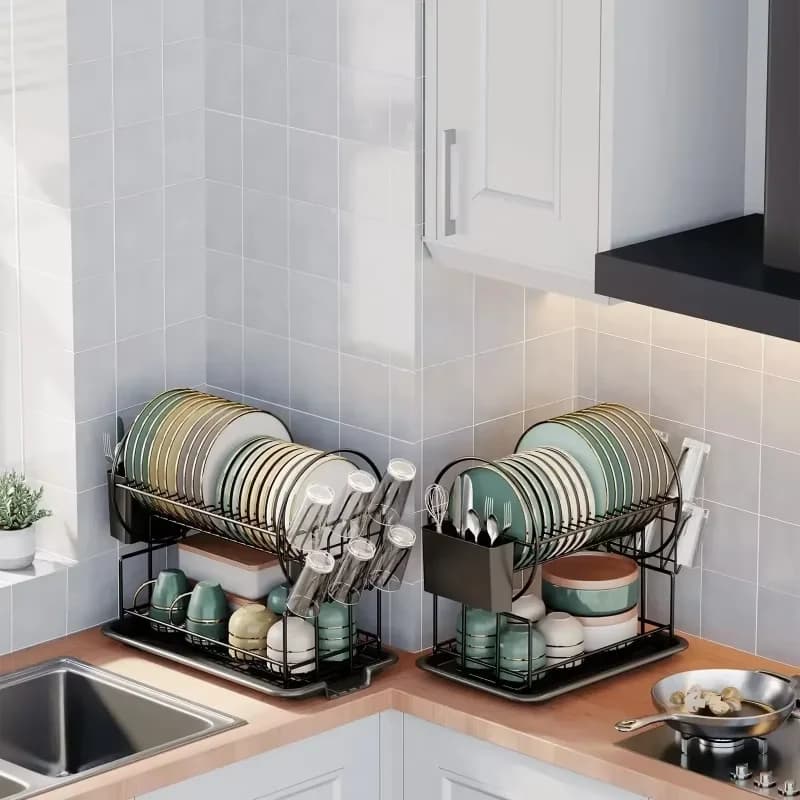 Removable and multifunctional double-layer dish drying rack drainage board set tableware kitchen countertop storage rack