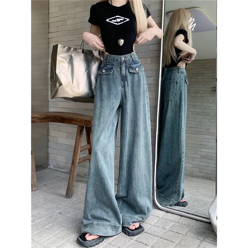 Summer New Women High Waist Wide Leg Jeans Lady Comfortable Baggy Design Trousers Female Vintage Light Blue Denim Pants