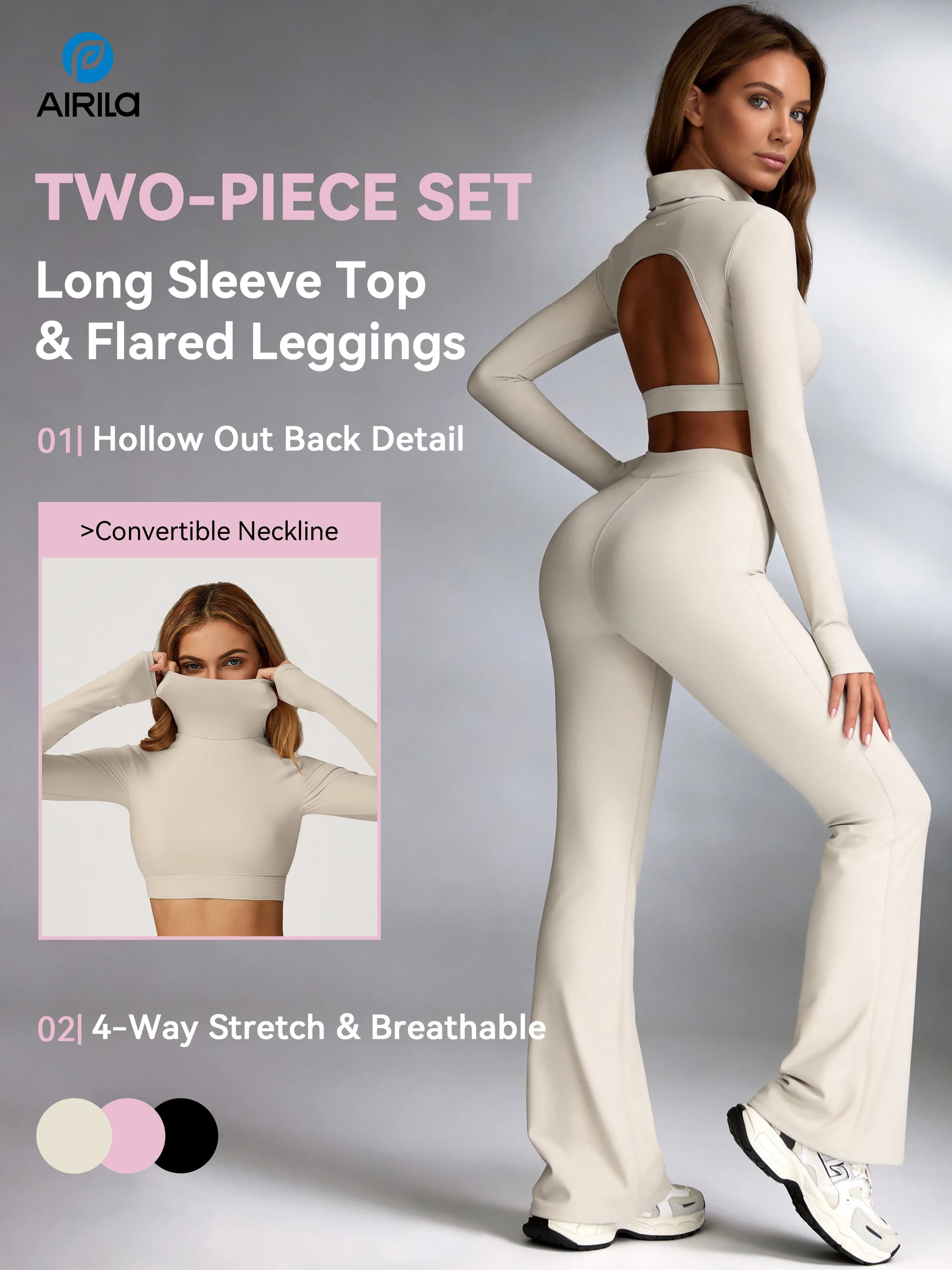 Completo Yoga da Donna a Collo Alto a Maniche Lunghe con Pantaloni Svasati con Cut-out Posteriore, Imbottiture Rimovibili, Controllo Pancia e Effetto Push-Up Glutei