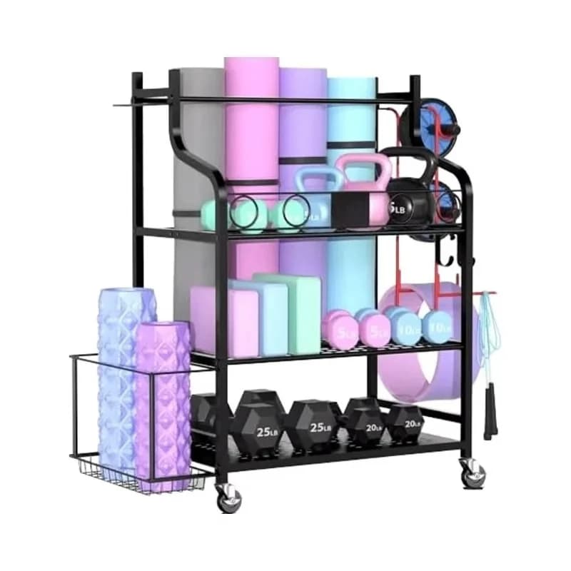 Home fitness equipment organizer, yoga belt with foam roller with handlebars on wheels and support for yoga resistance belt for pilates