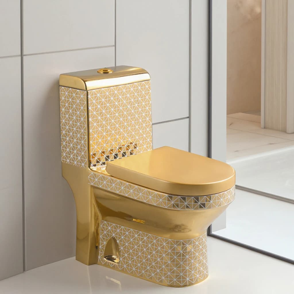 Golden Toilet,Modern One-Piece Ceramic Toilet Bowl With S-Trap Drainage Dual-Flush Floor Mounted White Gold Color