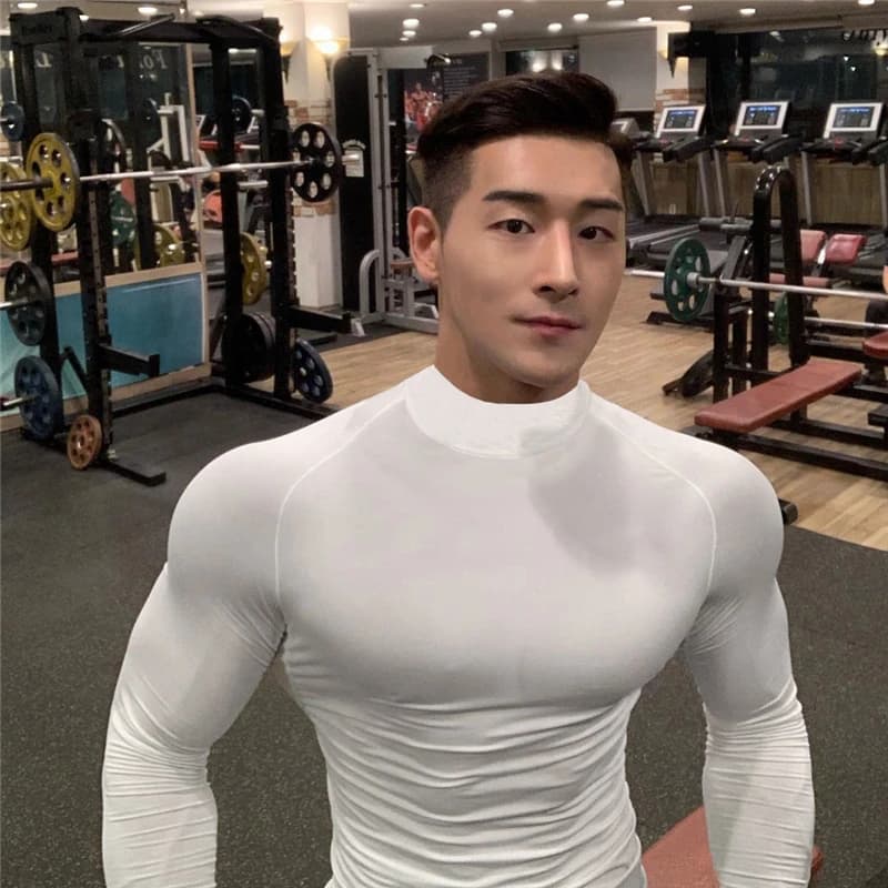 Mens Compression Shirt Running Long Sleeve T-shirt Turtleneck Sportswear Quick Dry Elasticity Tight Bodybuilding Gym Clothing