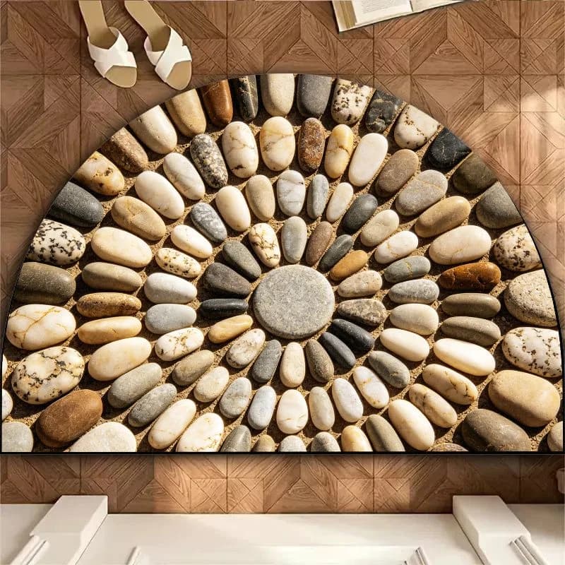 VIKAMA River Rock Pebble Mat, Semi-Circle Natural Stone Non-slip Bathroom Shower Rug