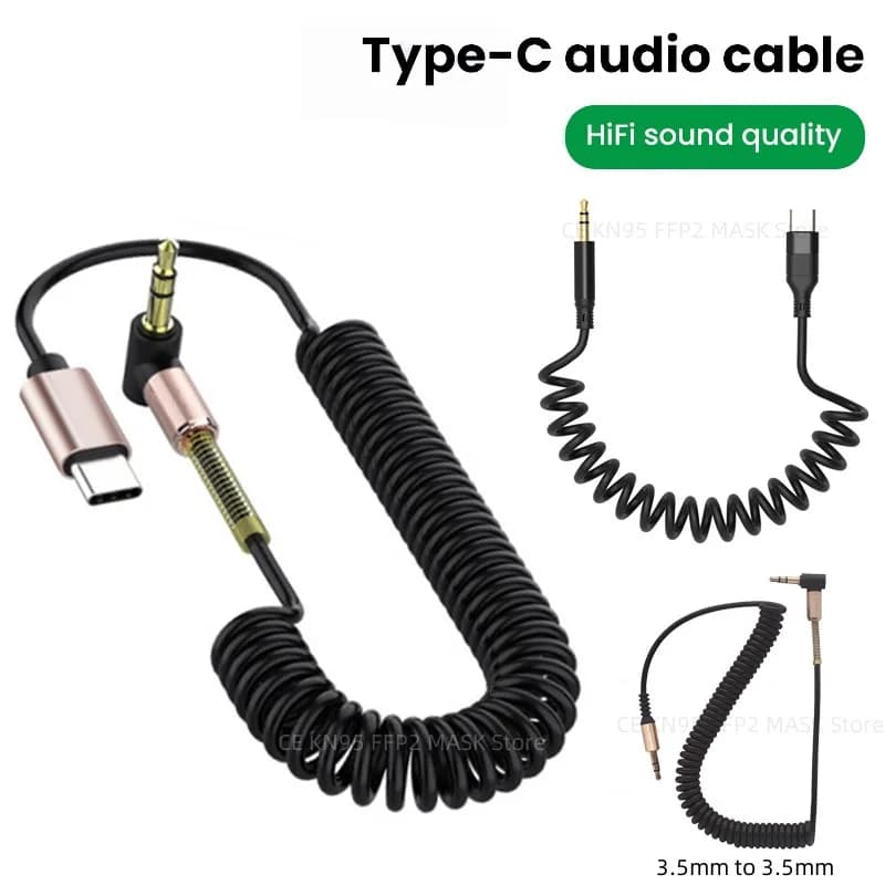 USB Type C To 3.5mm Car Spring Aux Audio Cable Headset Speaker Headphone Jack Adapter Car Aux For iphone 15 Type C 3.5mm Cable