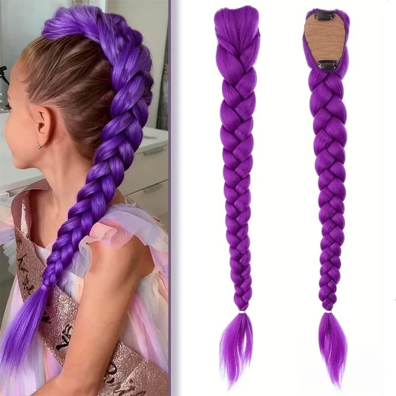 Synthetic Horsetail Braided Purple for Kids Costume, Long Hairstyle 26 Inches with Clips for Girls, Halloween, Christmas