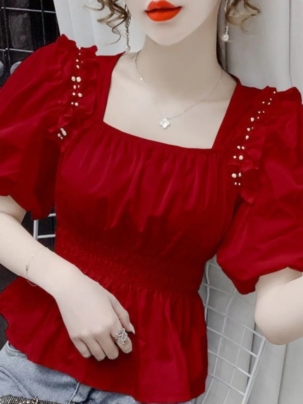 Stylish Short Sleeve Square Collar Shirt Women's Fashionable Chiffon Top Waist Cinched Meat Concealing Summer New Arrival