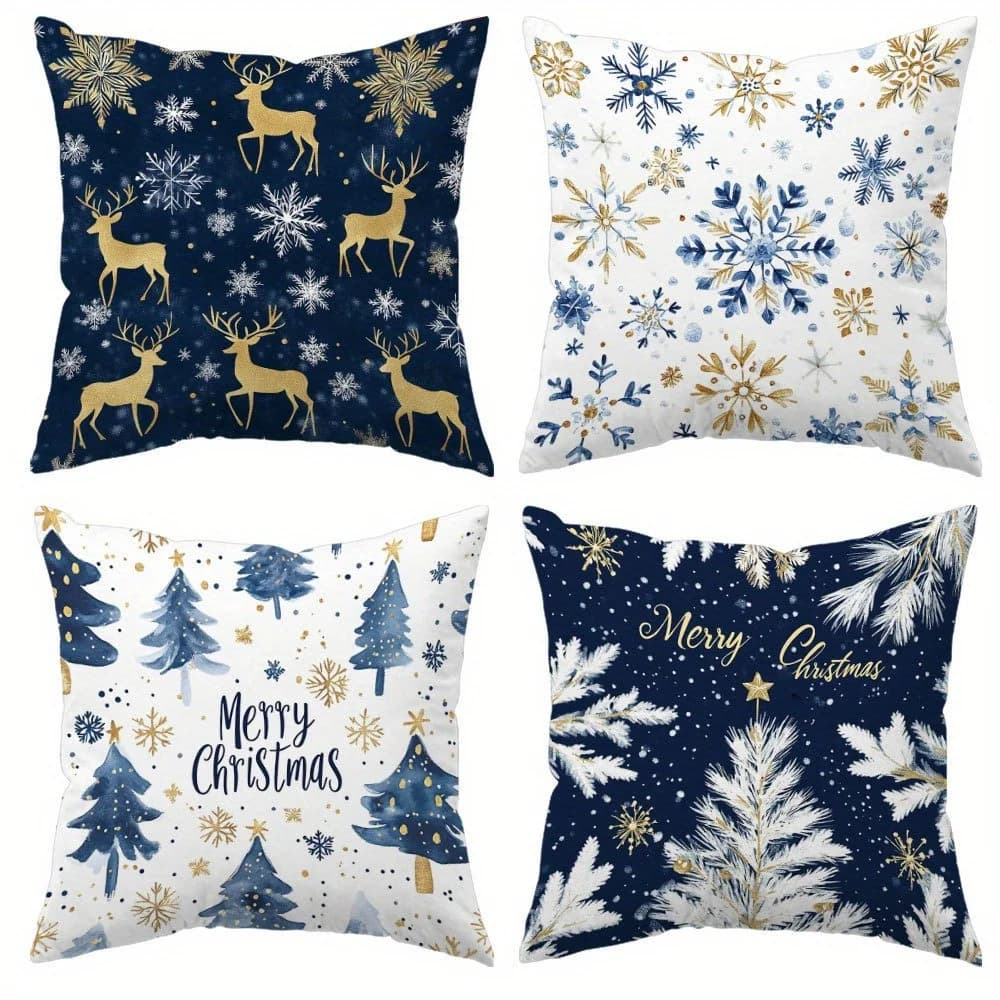 4 Piece Christmas Throw Pillow Covers Set Festive Holiday Xmas Decor Cushion Accent Pillow Snowflake Reindeer Navy Blue Home Dec