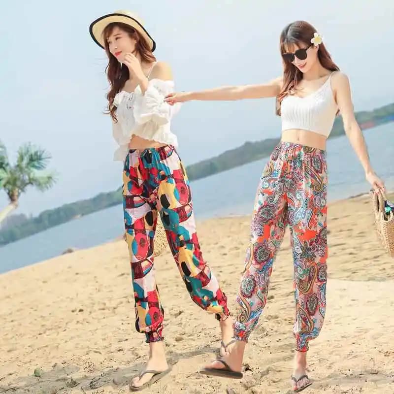 Ice Silk Beach Pants Women's Summer Thin Leggings High Waist Trousers Mosquito Proof Floral Print Casual Pants Commute Style