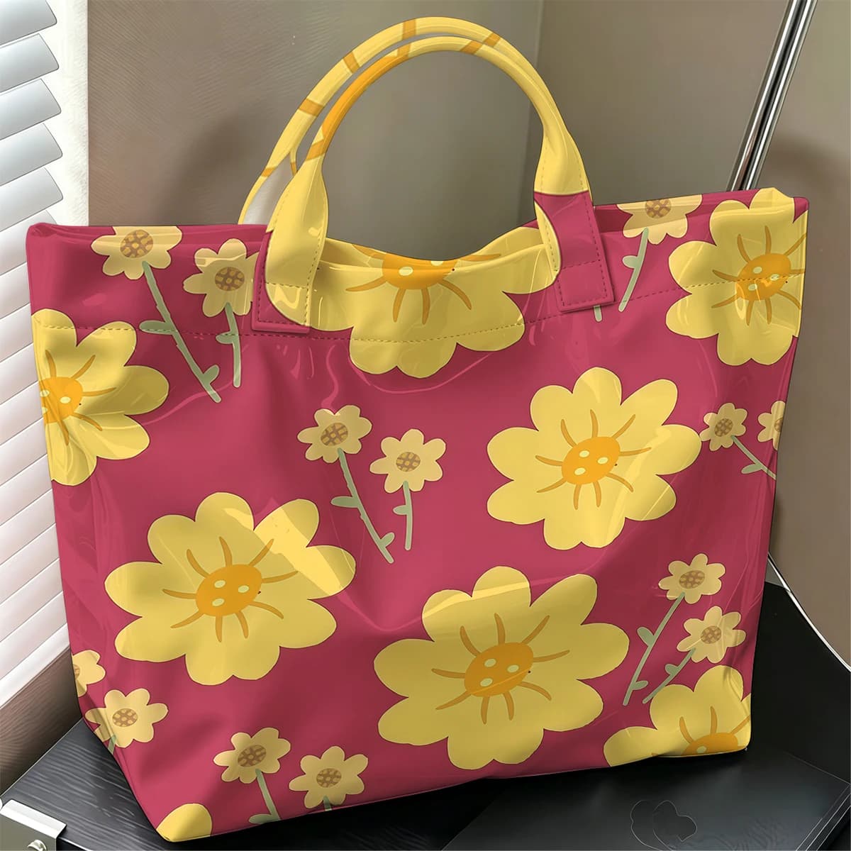 Yellow Daisy Fashion Large Glossy PVC Tote Bag Hand Washable Waterproof Perfect Travel Commute Cosmetic Storage Shopper