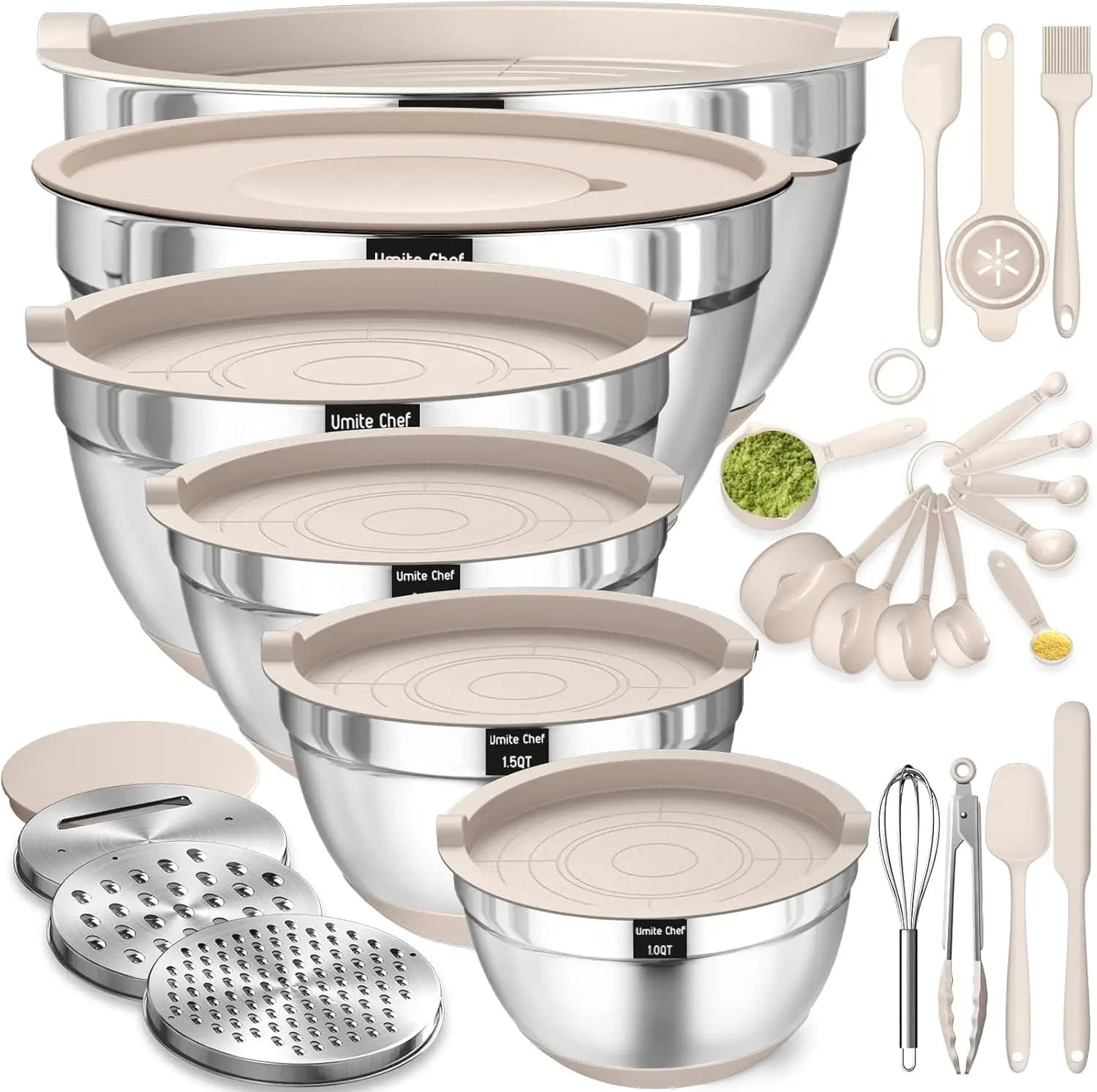 Set of 26 bowls for mixing stainless steel with hermetic covers, grater accessories, non-slip bottom and kitchen utensils