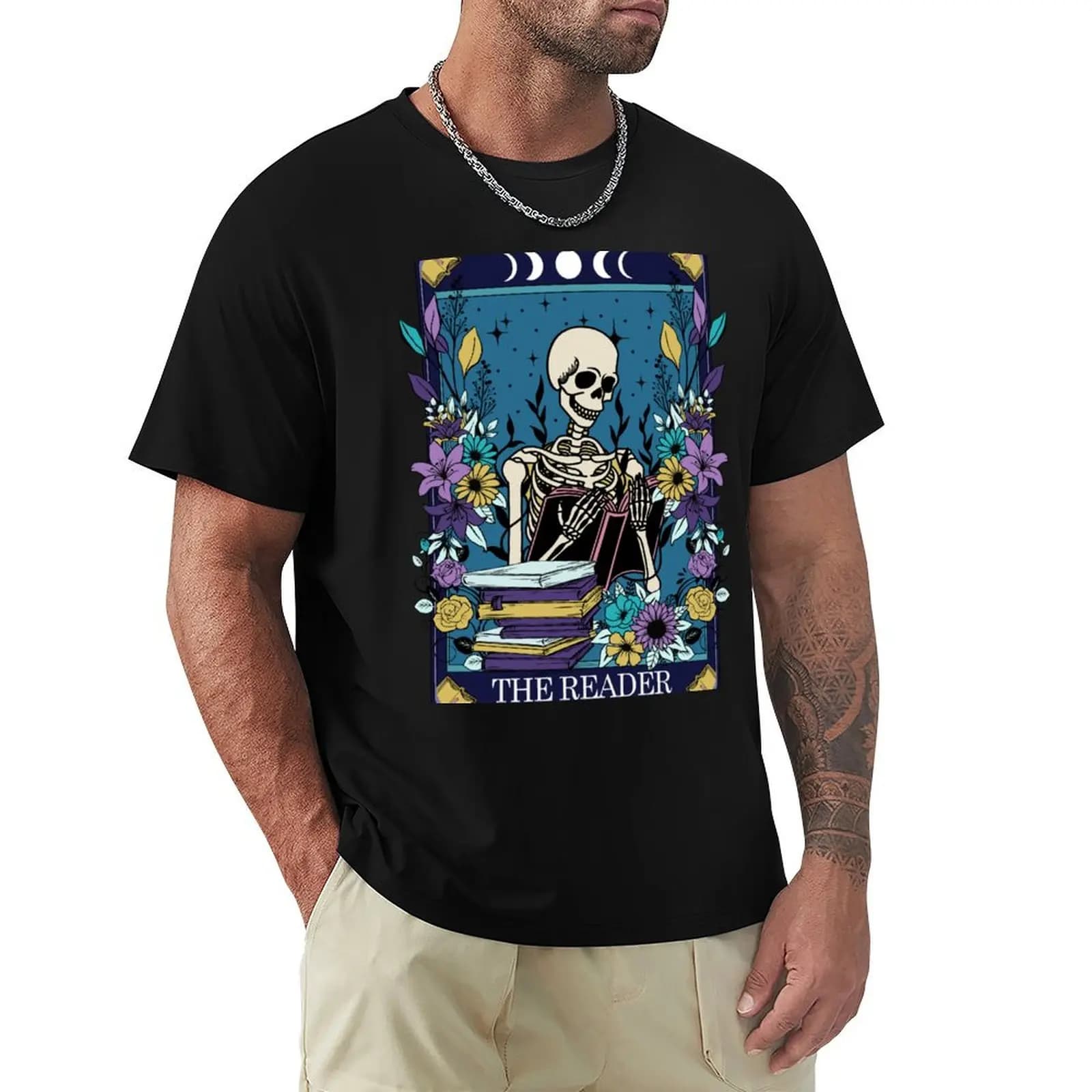 Divertente carta dei tarocchi con scheletro - T-shirt The Reader, T-shirt estiva casual e comoda