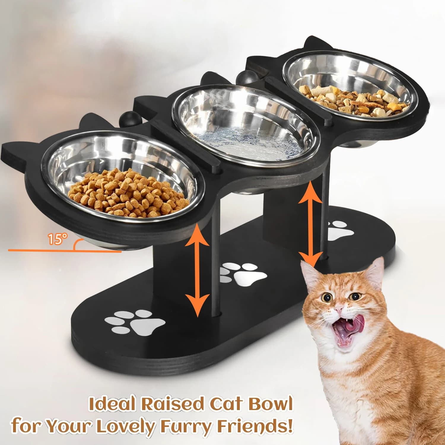 Cat 3 ciotole in 1 mangiatoia per animali domestici con 15 ° Supporto inclinato per ciotole per cibo per cani e gatti con 3 staffe in legno per ciotole in acciaio inossidabile
