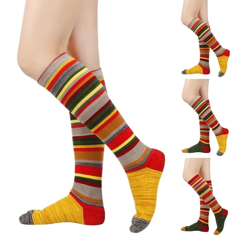 Trendy Colorful Striped Women Socks Cotton Knee Length Christmas Socks Thick Knit Long Style Striped Stockings Halloween Costume