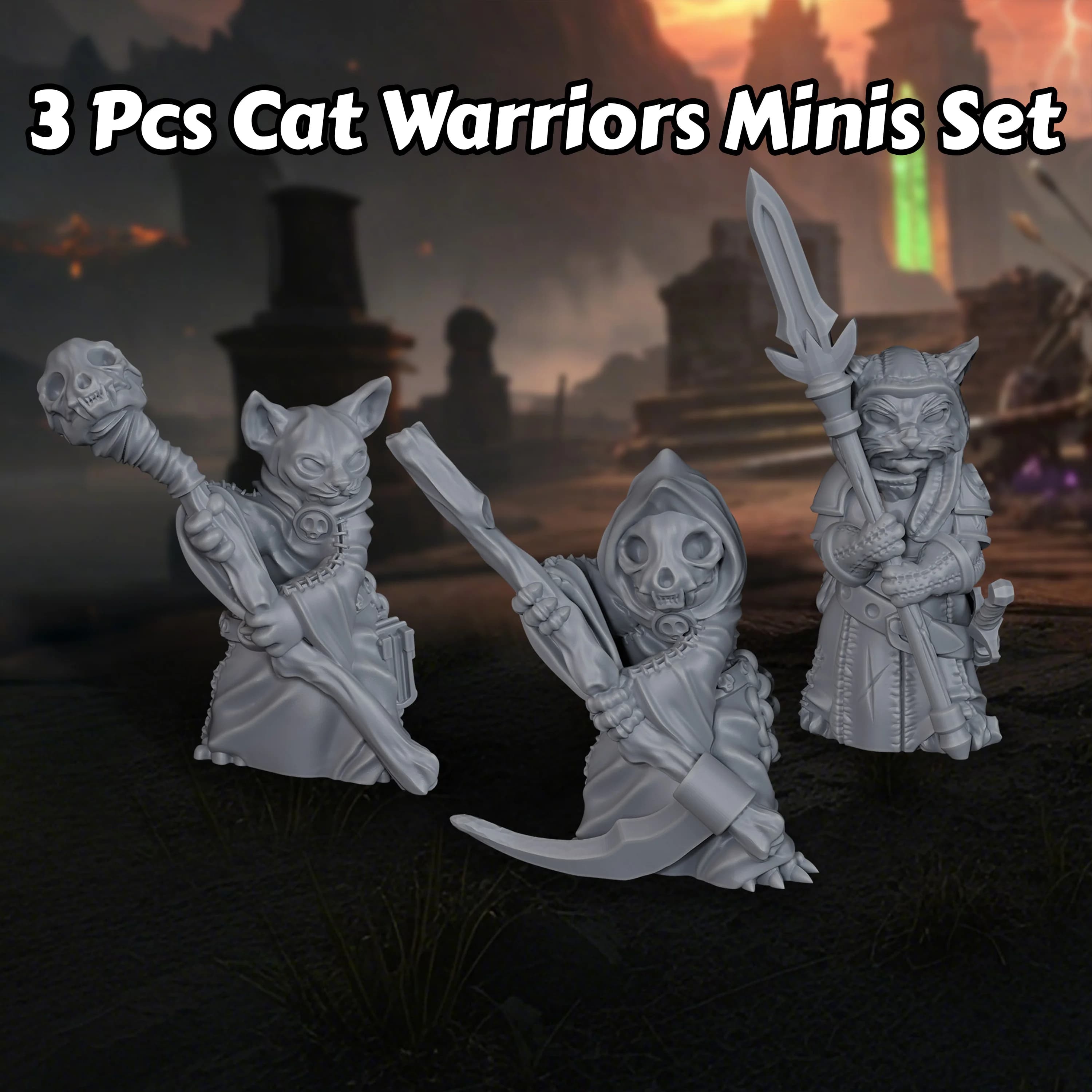 Three Cat Warriors Miniatures Set - 3PCS Feline Fantasy RPG Figures, TTRPG Role Playing Board Game Accessories for Table RPGs