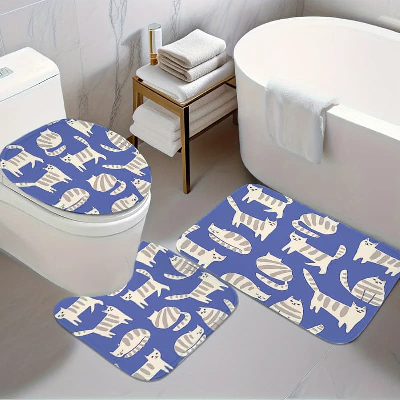 Set da bagno 3 pezzi Blue Stripe Cat – Copri WC in peluche, tappetino a U e tappeto da pavimento, morbido decoro da bagno antiscivolo con cartoni animati