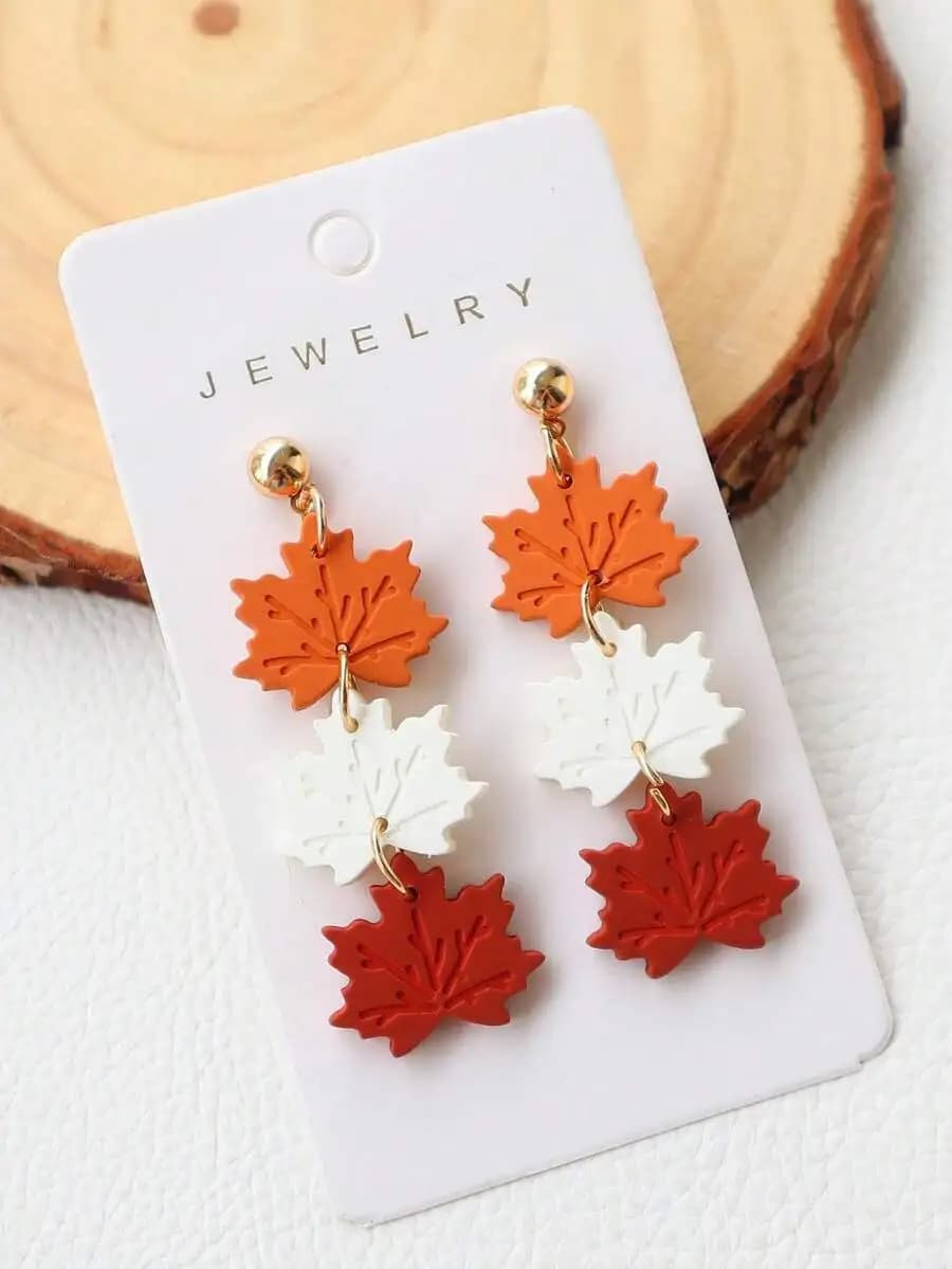 Triple Layer Acrylic Maple Leaf Dangle Earrings In Autumn Colors, Soft Clay Finish Long Drop Earrings For Fall Winter Season